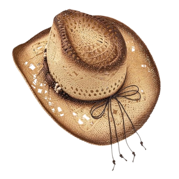 QWINEE Ombre Bead Decor Hollow Out Cowboy Hat Straw Cowboy Cowgirl Hats Summer B - Picture 2 of 8